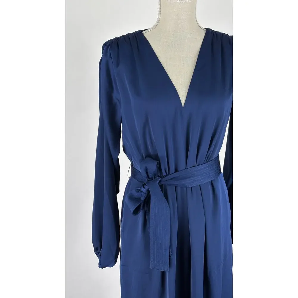 Ann Taylor V Neck Long Sleeve Satin Jumpsuit Deep Ocean Blue Womens Size 8 New